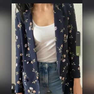 H&M Women's Navy Double-Breasted Floral Blazer